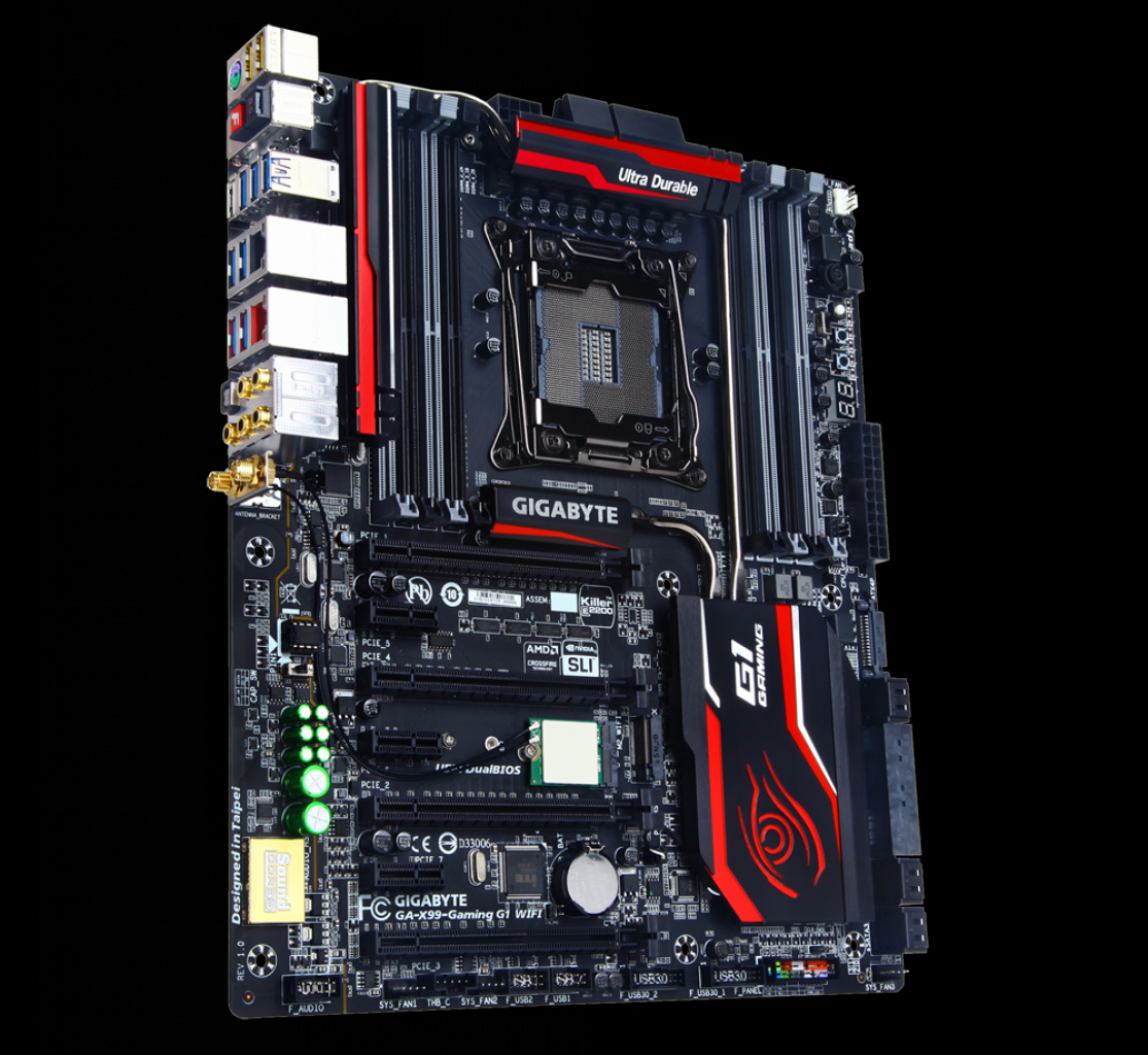 [19/09/2014] Praktisch: Das Gigabyte X99 Gaming G1 Wifi bietet die Möglichkeit, x16/x16 (Slot 1+5), x16/x8 (Slot 5+7) und x8/x8 (Slot 1+3) auf der gleichen Plattform zu testen.