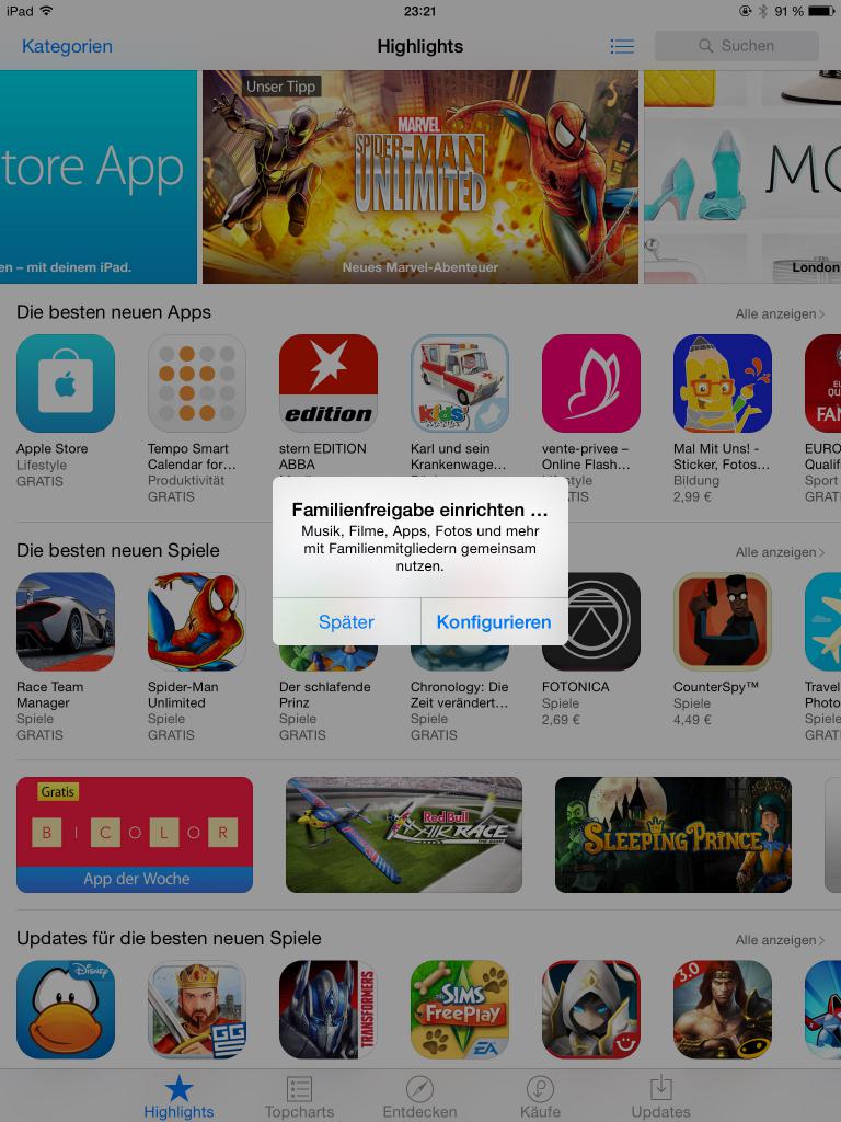 [18/09/2014] iOS 8: Familienfreigabe einrichten beim Aufruf des App Store