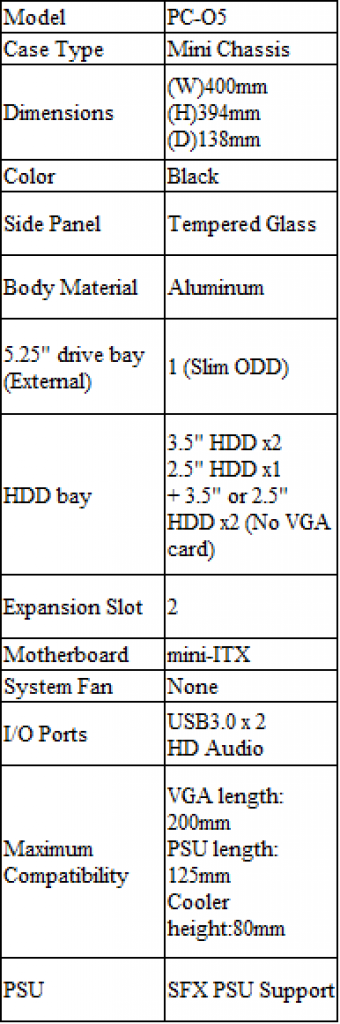 [26/09/2014] Lian Li PC-05 Mini-ITX: Spezifikationen