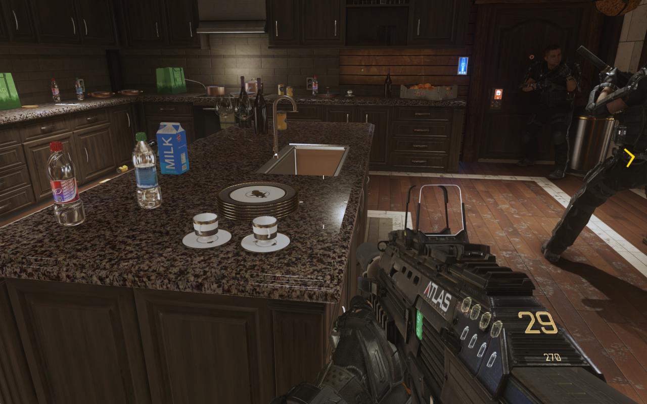 [03/11/2014] Call of Duty: Advanced Warfare - Durch Physically Based Shading wirken viele Oberflächen realistischer, allerdings untergräbt die etwas schlichte Beleuchtung durch mangelnde Schattenwürfe das Gesamtbild. An den Dosen im Hintergrund zudem gut zu erkennen: Das etwas aggressiv geratene Level-of-Detail