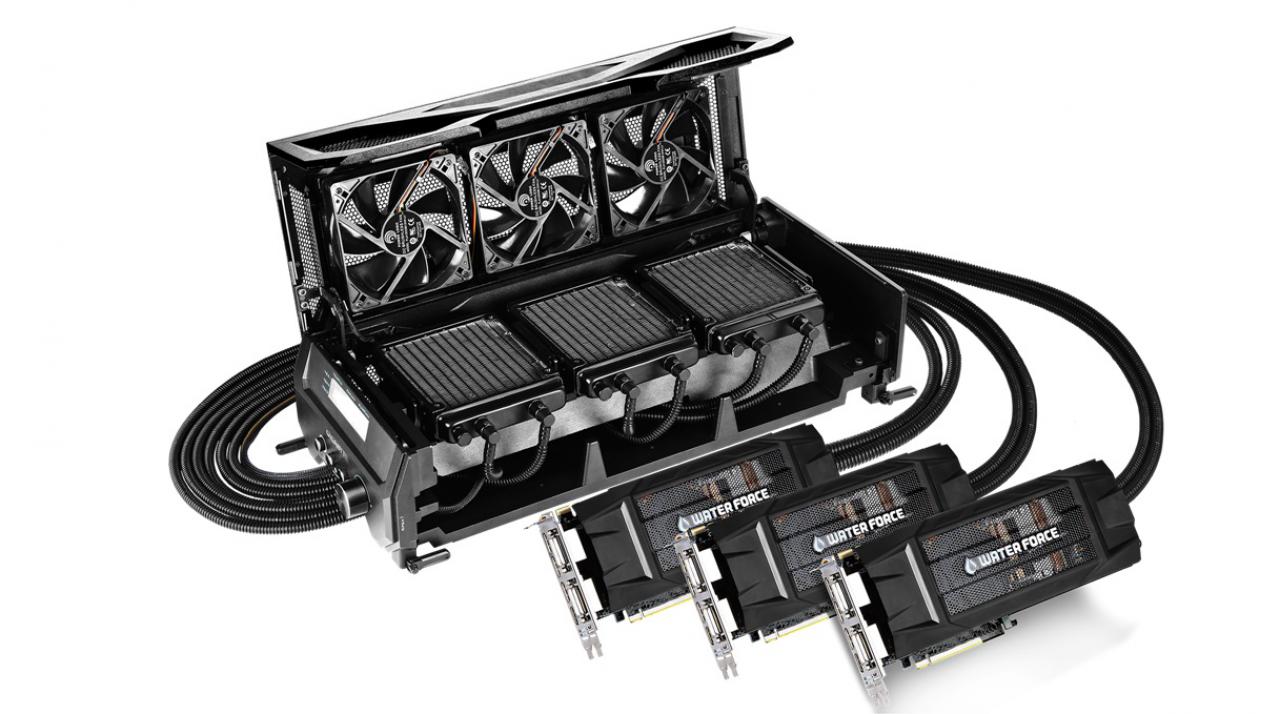 [11/11/2014] Gigabyte GTX 980 Waterforce: Wer nicht kleckern, sondern klotzen will, gibt sich nur mit einem Triple-SLI-System aus drei GTX 980 zufrieden, die zudem mit einer Komptakt-Wasserkühlung versehen werden. Kostenpunkt: Lächerliche 2.900 Euro.