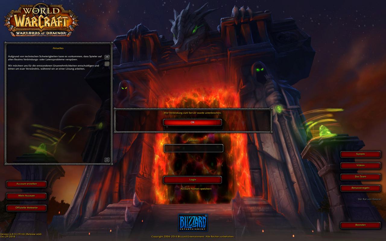 [13/11/2014] WoW Warlords of Draenor: Kurz nach dem Start ging auf den WoW-Servern mal wieder nichts.