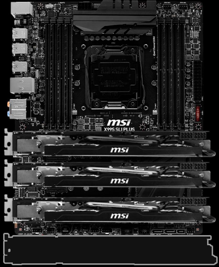 [11/11/2014] MSI X99S SLI Plus: Dank vier PCI-Express 3.0 Slots mit acht oder mehr Lanes ist prinzipiell sogar Quad-SLI möglich, wie MSIs englische Produkt-Homepage betont. Der Abstand zwischen Slot 3 und 4 erfordert aber die in der Foto-Montage verwendeten Single-Slot 8+6-pin-Grafikkarten beziehungsweise das Wirless-PCI-E-Modell, dass sich unterhalb des Mainboards abzeichnet.