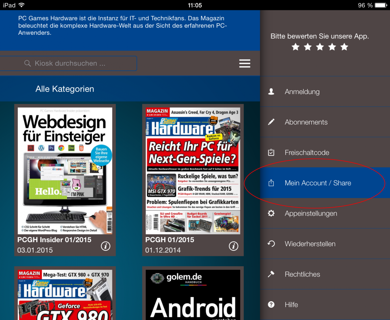 [23/01/2015] Optional: Falls Sie die Registrierung über die App und nicht über den Browser durchführen möchten, klicken Sie im Menüpunkt auf 