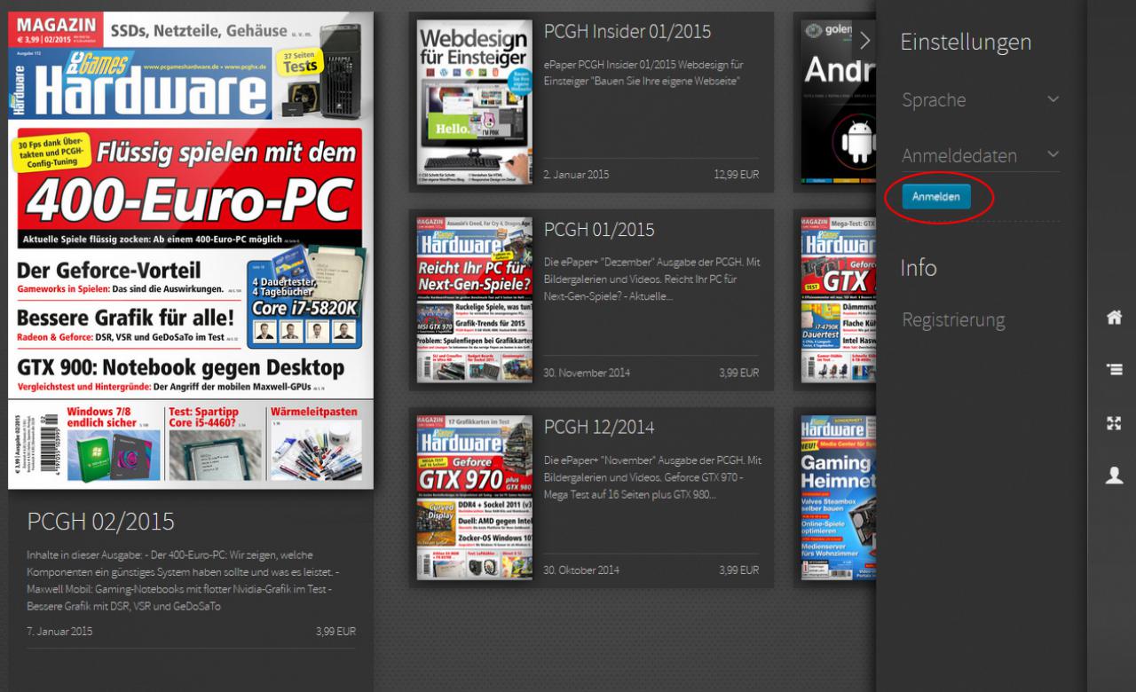 [22/01/2015] PCGH im Browser lesen: Nach der erfolgreichen Registrierung rufen Sie die ePaper-Startseite auf, um sich mit den neuen Zugangsdaten anzumelden.