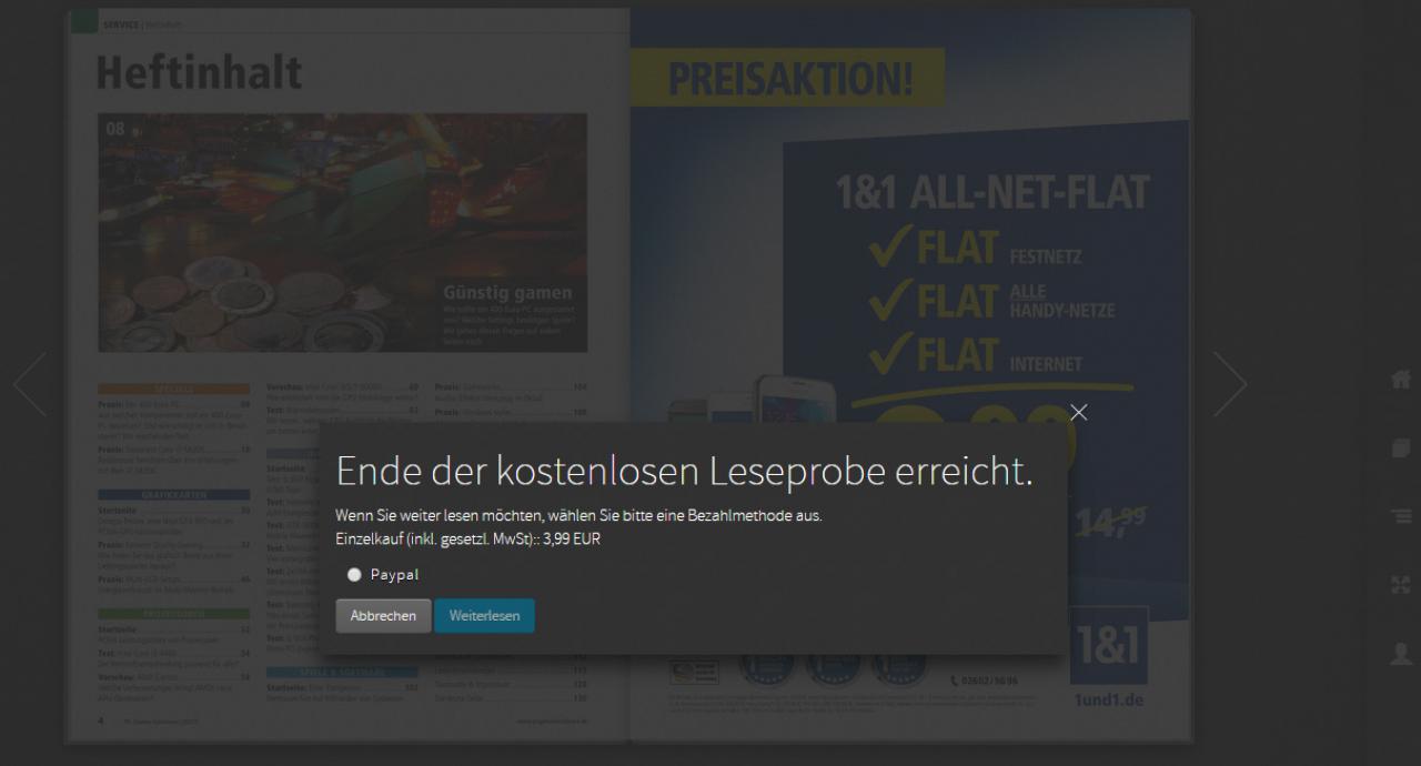 [22/01/2015] Browser: Klicken Sie auf ein Cover, um die Leseprobe zu starten. Am Ende der Leseprobe erhalten Sie einen Hinweis, dass Sie die Ausgabe kaufen und via Paypal bezahlen können.