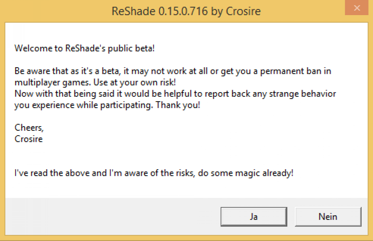 [10/03/2015] Dieser Hinweis zeigt sich beim erstmaligen Starten des Spiels mit Reshade.