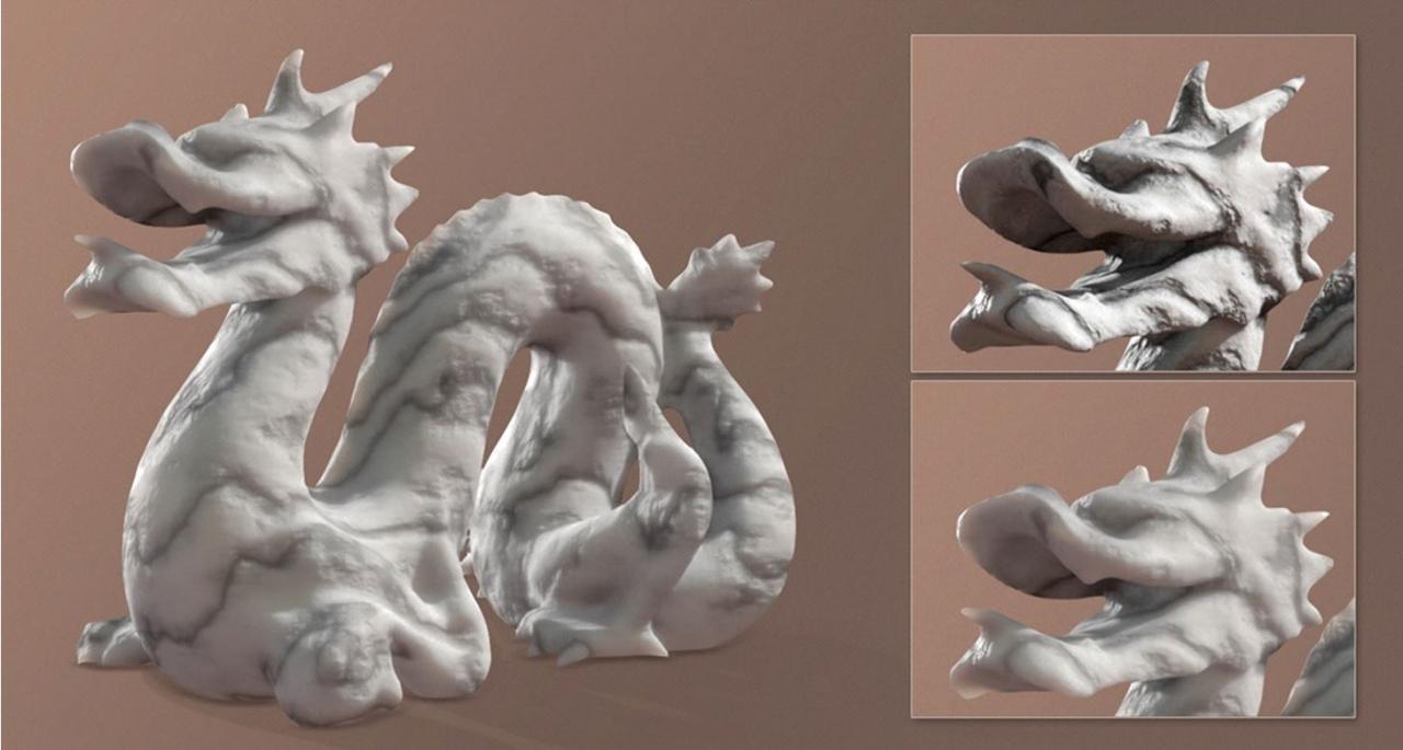 [12/03/2015] Der Subsurface Scattering Effekt bestimmt das Aussehen von Marmor (oben rechts - ohne SSS, unten rechts - mit SSS)