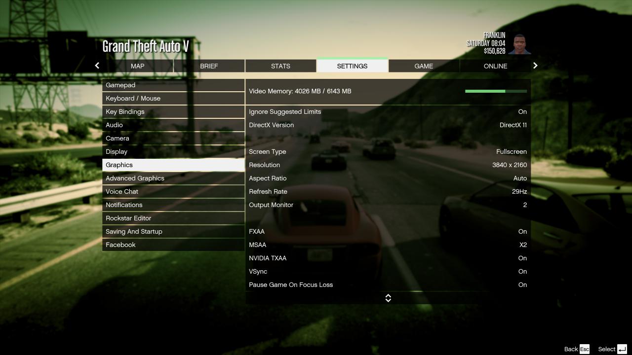 [08/04/2015] GTA 5 PC: Screenshot aus dem Spielmenü - Auflösung, Kantenglättung, DirectX