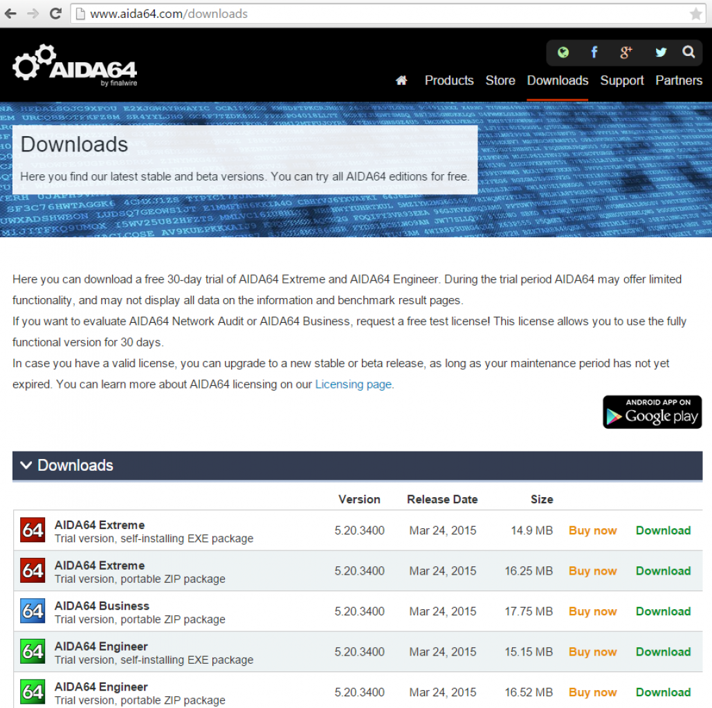 [22/05/2015] Der Download einer 30-tägigen Testversion ist unter aida64.com/downloads möglich. Ob Extreme- oder Engineer-Version ist zum Auslesen der Hardware egal. Entpacken Sie das Archiv und starten Sie aida64.exe.