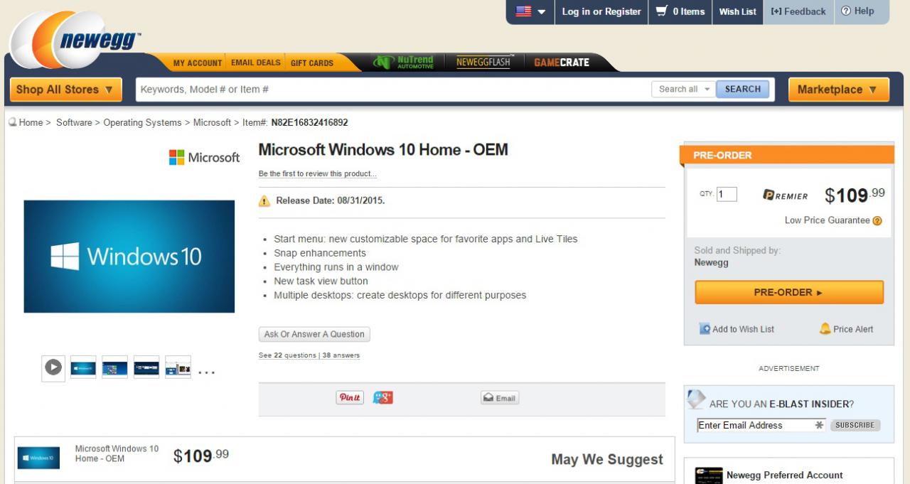 [31/05/2015] Windows 10 erscheint laut Newegg am 31. August 2015.