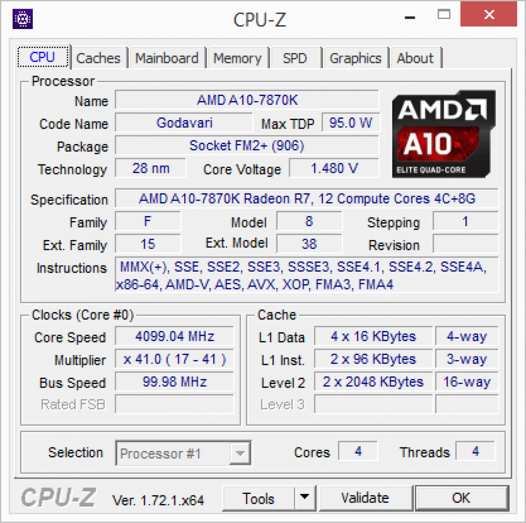 [30/06/2015] AMD A10 7870K CPU-Z: SC Turbo mit hoher Lastspannung
