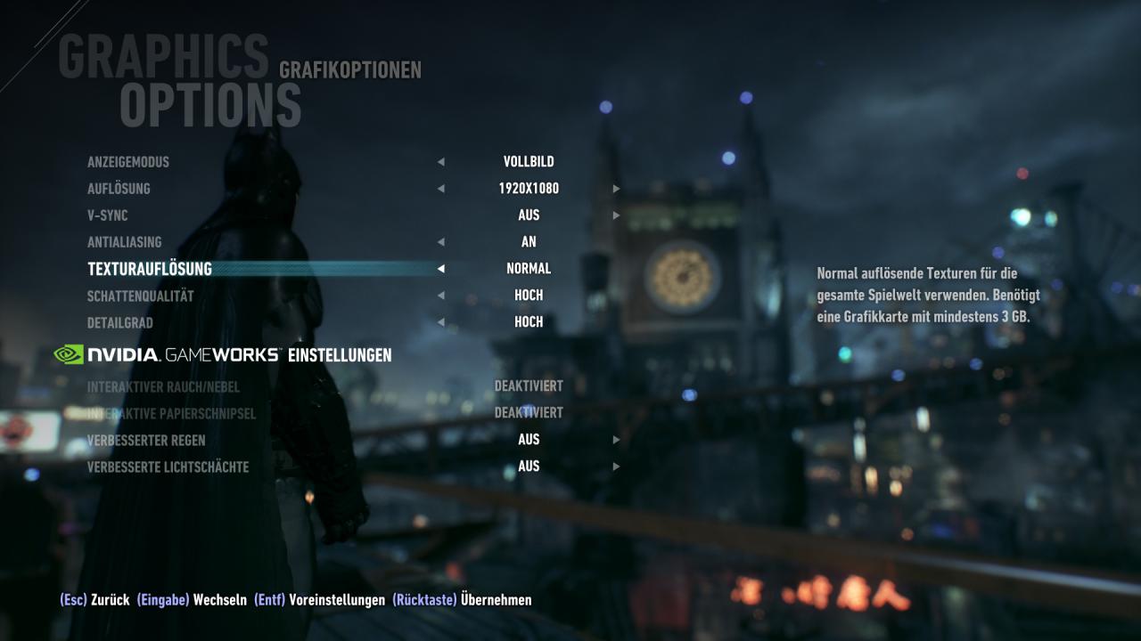 [23/06/2015] Das Optionsmeü ist extrem spärlich, nett sind aber die gesonderten Gameworks-Effekte. Die beiden ersten sind Nvidia-exklusiv. Seltsam: Es kommt kein HBAO+ zum Einsatz, eine Umgebungsverdeckung fehlt derPC-Version gar komplett. Der Hunger nach Videospeicher ist hier noch untertrieben.