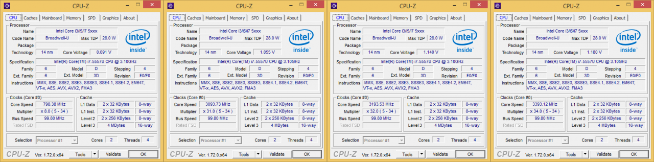 [08/07/2015] NUC5 i7 5557U: CPU-Z Leerlauf - Base Clock - Turbo Clocks