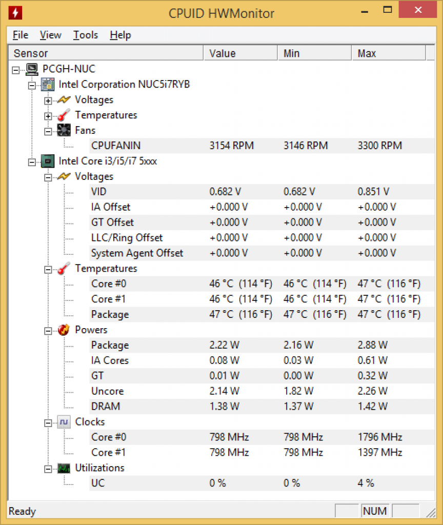 [08/07/2015] NUC5 i7-5557U: HW-Monitor im Leerlauf