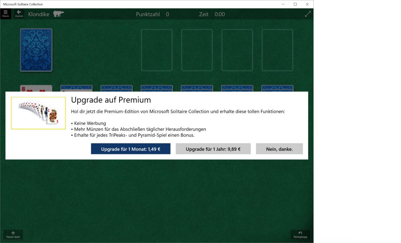 [29/07/2015] Microsoft bietet eine werbefreie Version von Solitaire an, aber nur gegen monatliche oder jährliche Gebühr.