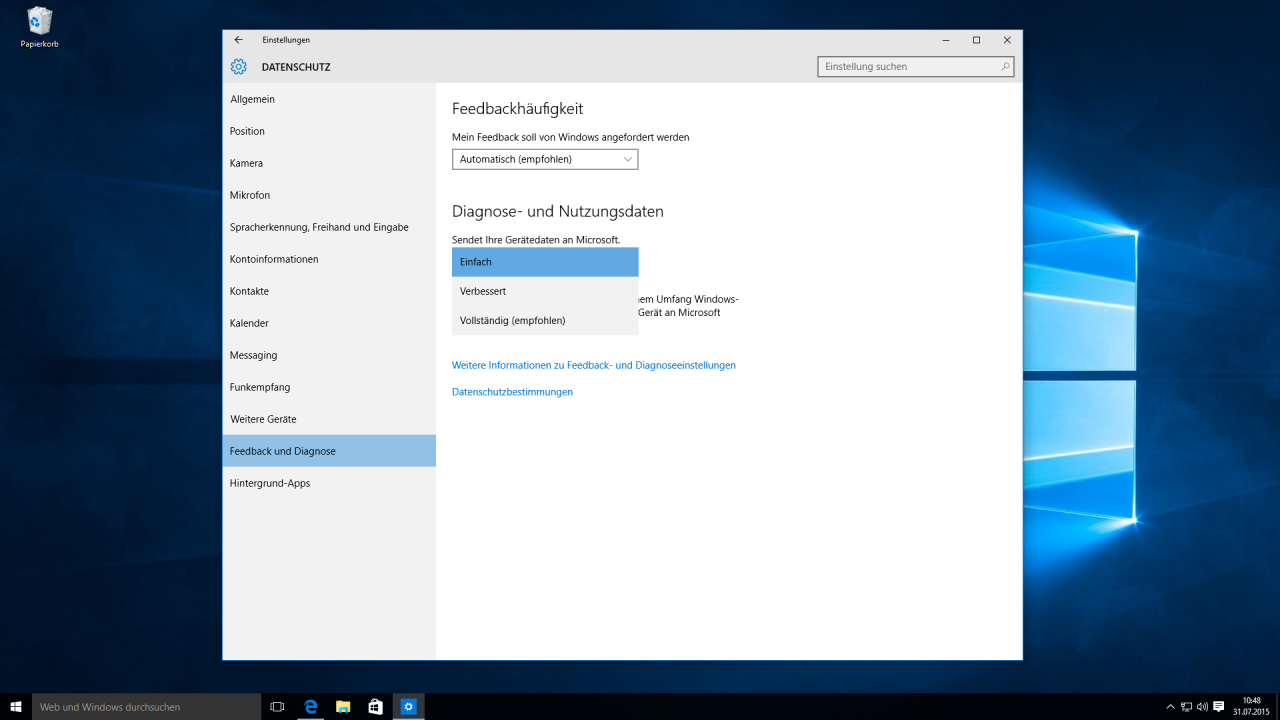 [31/07/2015] Standardmäßig können Sie unter Windows 10 Home und Pro Telemetrie-Datenübertragungen nicht komplett deaktivieren.