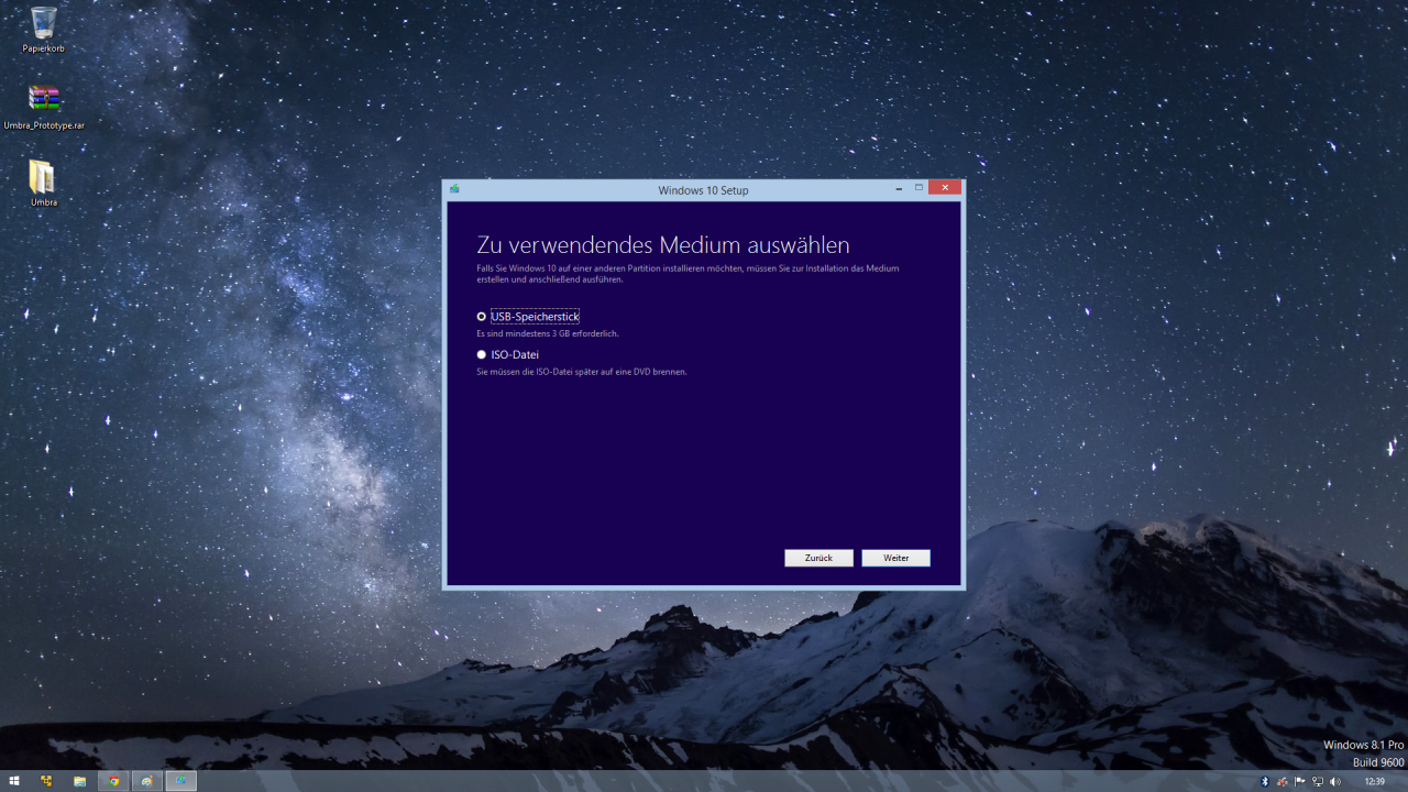 Media Creation Tool: Schritt 3 (Installationsmedium erstellen) - ISO-Datei für USB-Stick oder als reinen Download (zum Brennen auf eine DVD) auswählen