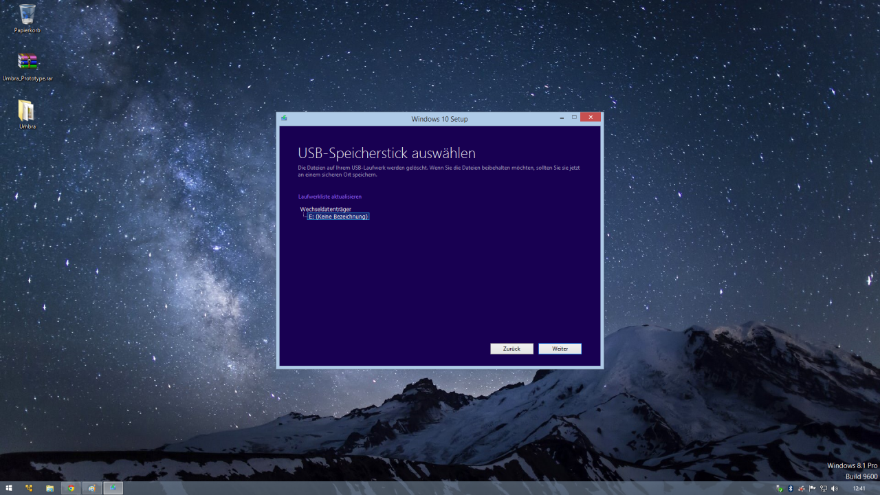 Media Creation Tool: Schritt 4 (Installationsmedium erstellen, USB-Stick) - USB-Stick als Wechseldatenträger auswählen