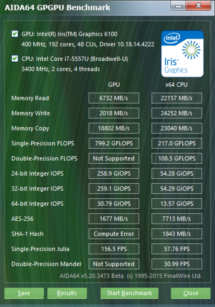 [08/07/2015] NUC5 mit Core i7-5557U: AIDA64 GPGPU-Ergebnis