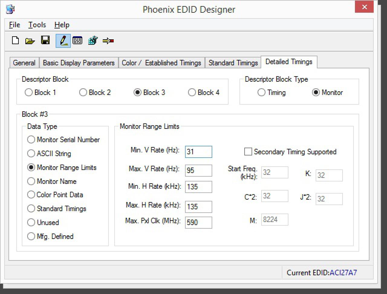 [18/08/2015] Öffnen Sie die soeben gespeicherte Datei nun mit dem Phoenix EDID Designer. Über das Stiftmenü können Sie die Werte editieren. Wählen Sie den Reiter 