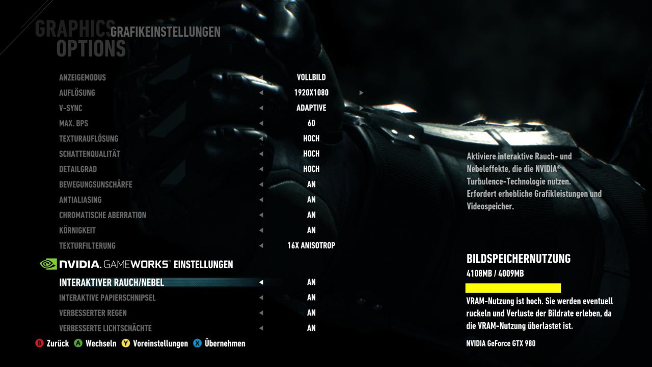 [08/09/2015] Batman Akham Knight - Das Grafikmenü ist nun deutlich umfangreicher, zudem hilft ein farbiger Balken, den Bedarf an Videospeicher einzuschätzen.
