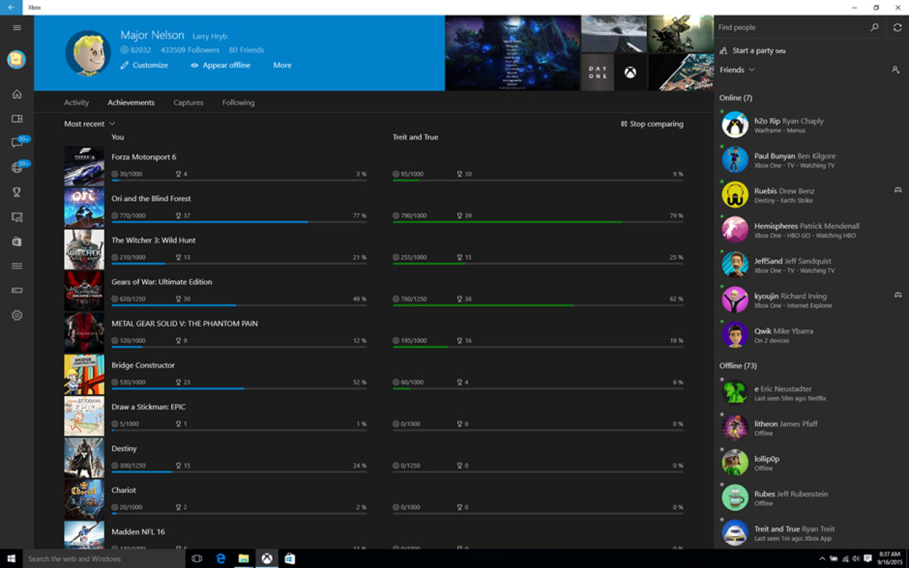 [18/09/2015] Die neue Xbox-App ermöglicht Vergleiche beim Spielfortschritt.