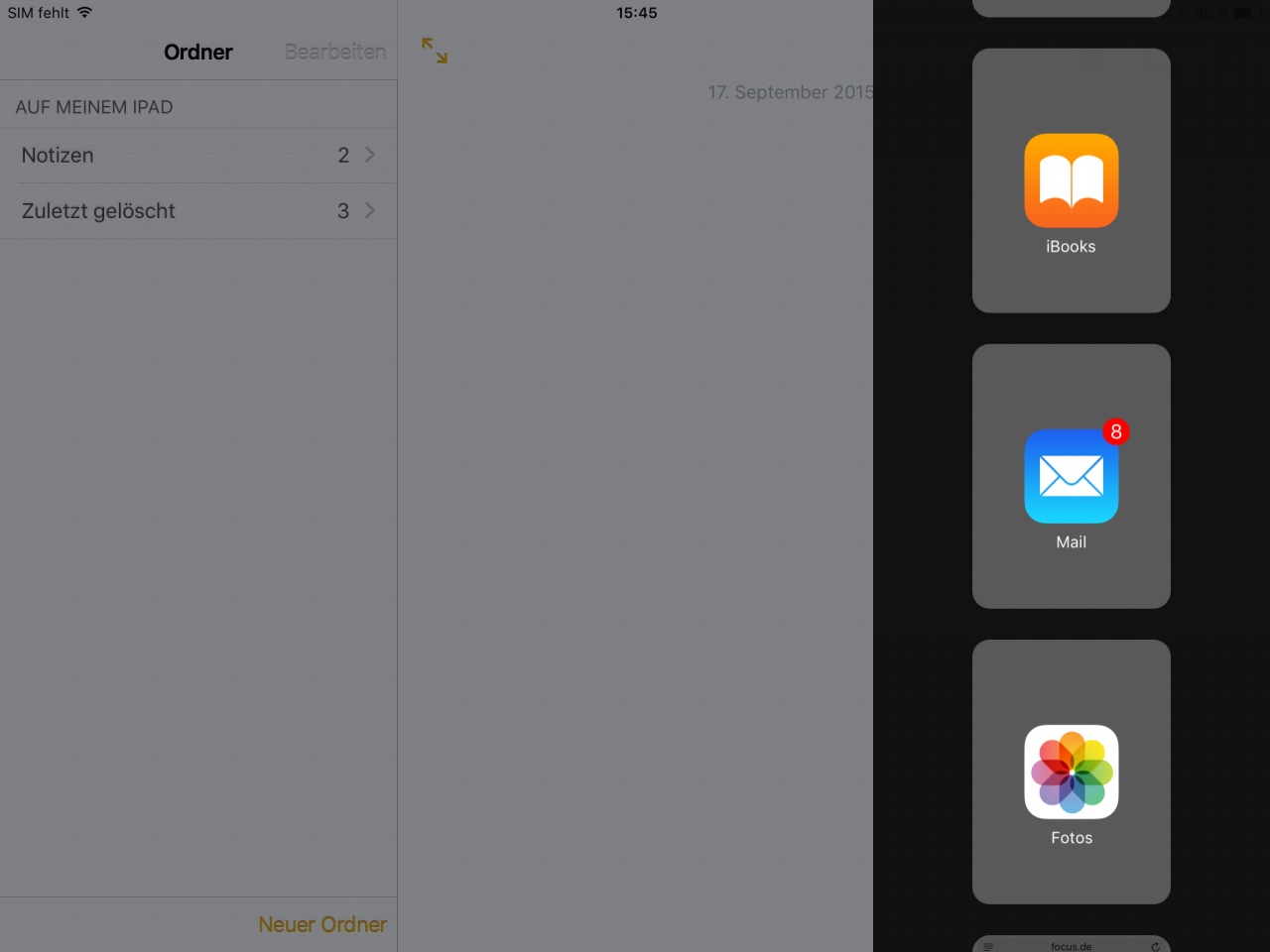 [17/09/2015] Unser iPad beherrscht leider noch kein richtiges Multitasking. Stattdessen lassen sich zwei Apps nebeneinander im sogenannten 