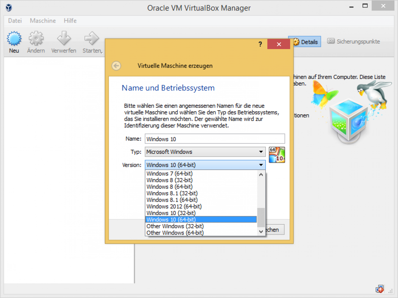 [10/09/2015] Virtualbox Schritt 2: Wählen Sie nun das Betriebssystem.
