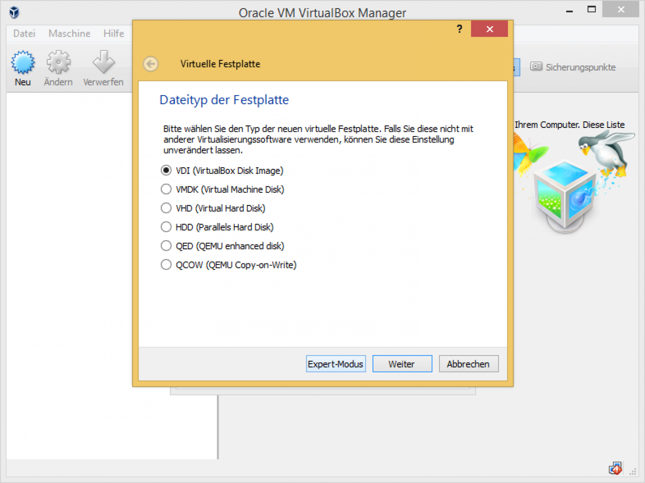 [10/09/2015] Virtualbox Schritt 3: Eintscheiden Sie sich für ein VHD-Format.
