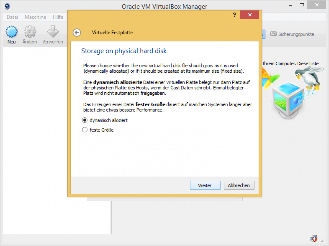 [10/09/2015] Virtualbox Schritt 4: Wählen Sie das Verhalten der VHD.
