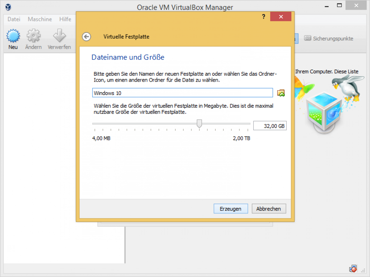 [10/09/2015] Virtualbox Schritt 5: Geben Sie die gewünschte Kapazität der VHD an.