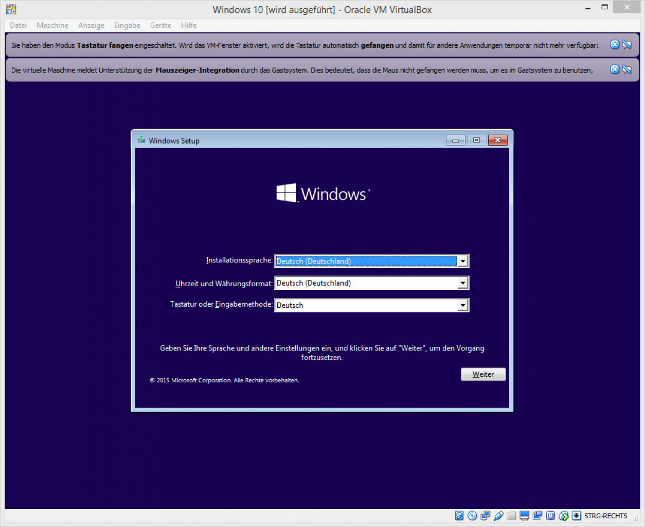 [10/09/2015] Virtualbox Schritt 7: Nach dem Starten der VM sollte die Installation von Windows automatisch anlaufen.