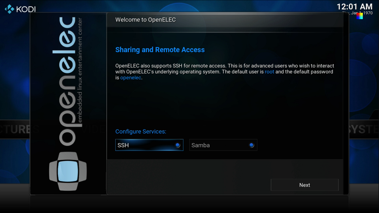 [19/10/2015] OpenElec frägt sie auch gleich, ob Sie SSD und Samba aktivieren möchten.