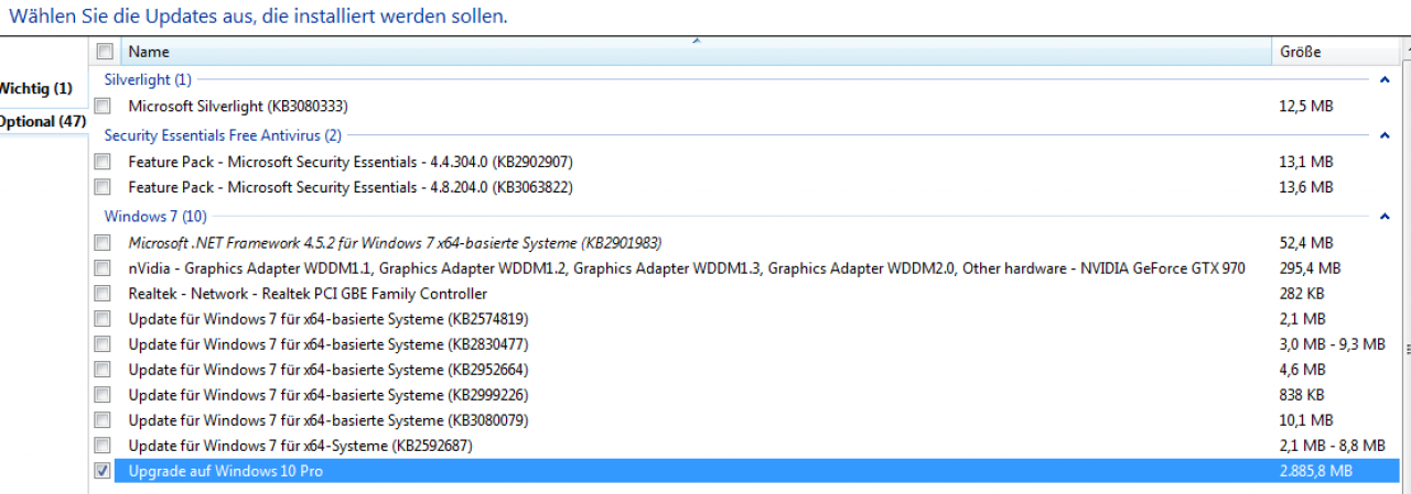 [14/10/2015] Windows 10: Auf unserem Windows-7-PC als optionales Update bereits angehakt