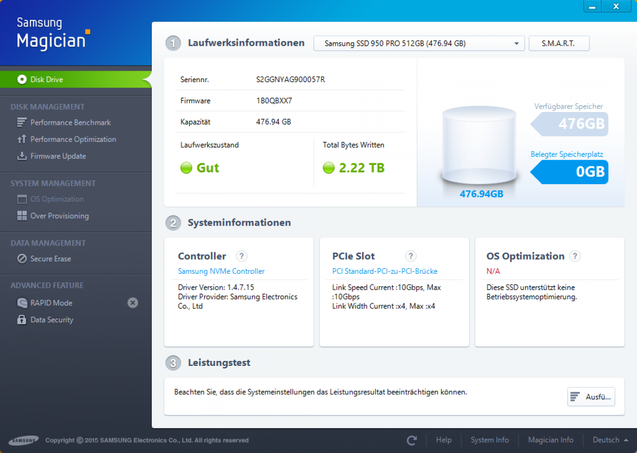 [22/10/2015] Die Software SSD Magician unterstützt die SSD 950 Pro ab der Version 4.8.