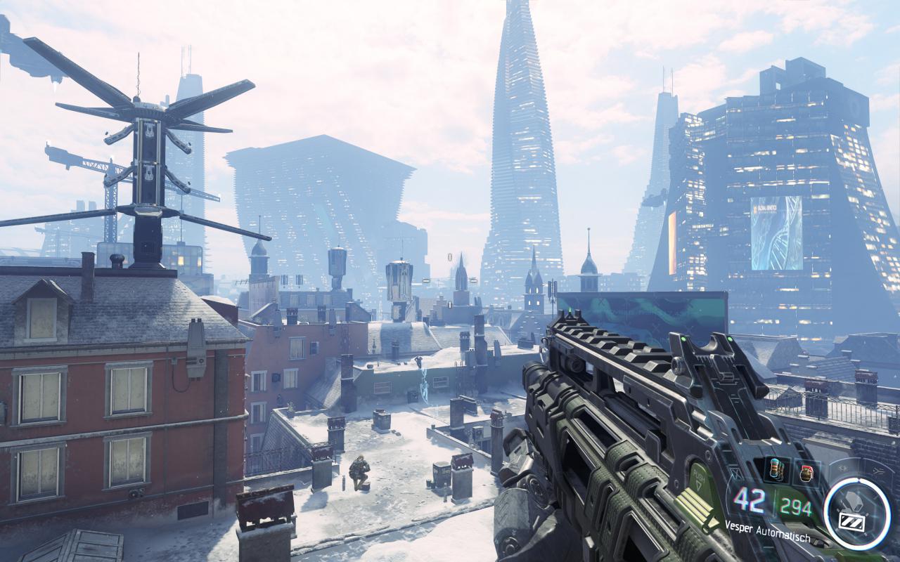 [07/11/2015] Call of Duty Black Ops 3 mit allen Grafikdetails am Anschlag. Die interne Renderauflösung beträgt 3.840 × 2.400 Pixel, was 2 × 2 Downsampling bei nativen 1.920 × 1.200 Pixeln respektive 1,5 × 1,5 DS bei nativen 2.560 × 1.600 Pixeln entspricht. Da schafft auch eine Titan X mit 1.450/4.200 MHz nur noch 45-60 Fps und nutz ihre 12 Gibyte Speicher voll aus. (8)