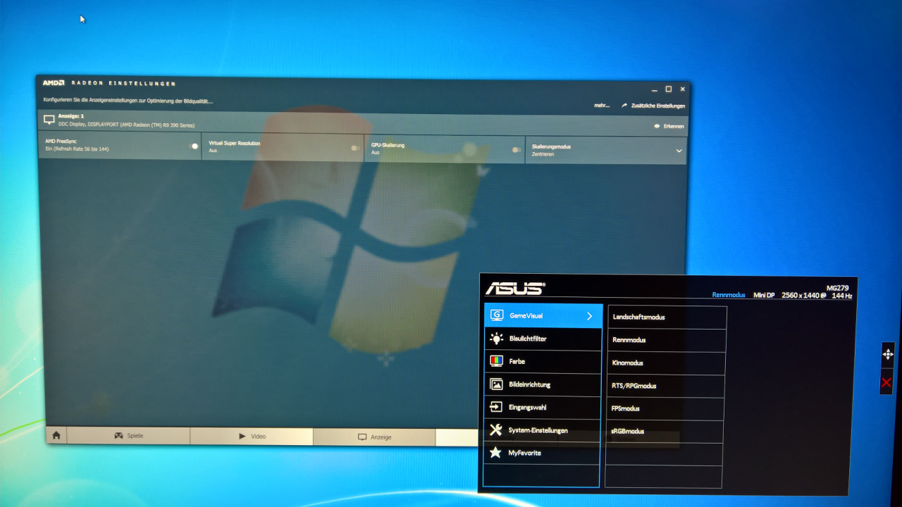 [07/12/2015] Nachdem man die Desktop-Bildwiederholrate auf 144 Hertz gestellt hat, erkennt der Treiber die Freesync-Spanne korrekt. Das OSD zeigt die anliegenden 144 Hz.