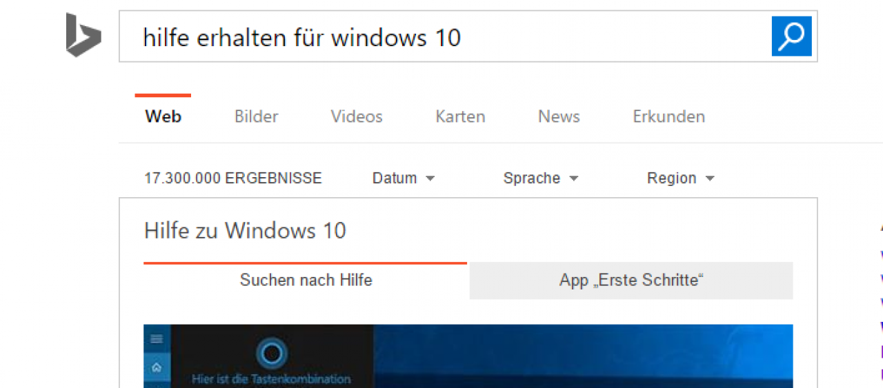 [30/12/2015] Windows 10 ruft nach dem Drücken der F1-Taste Bing auf.