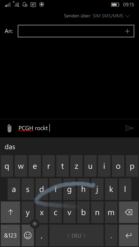 [19/01/2016] Word Flow: Die Tastatur, wie man sie unter Windows 10 Mobile sieht (der farbige Strich taucht beim 