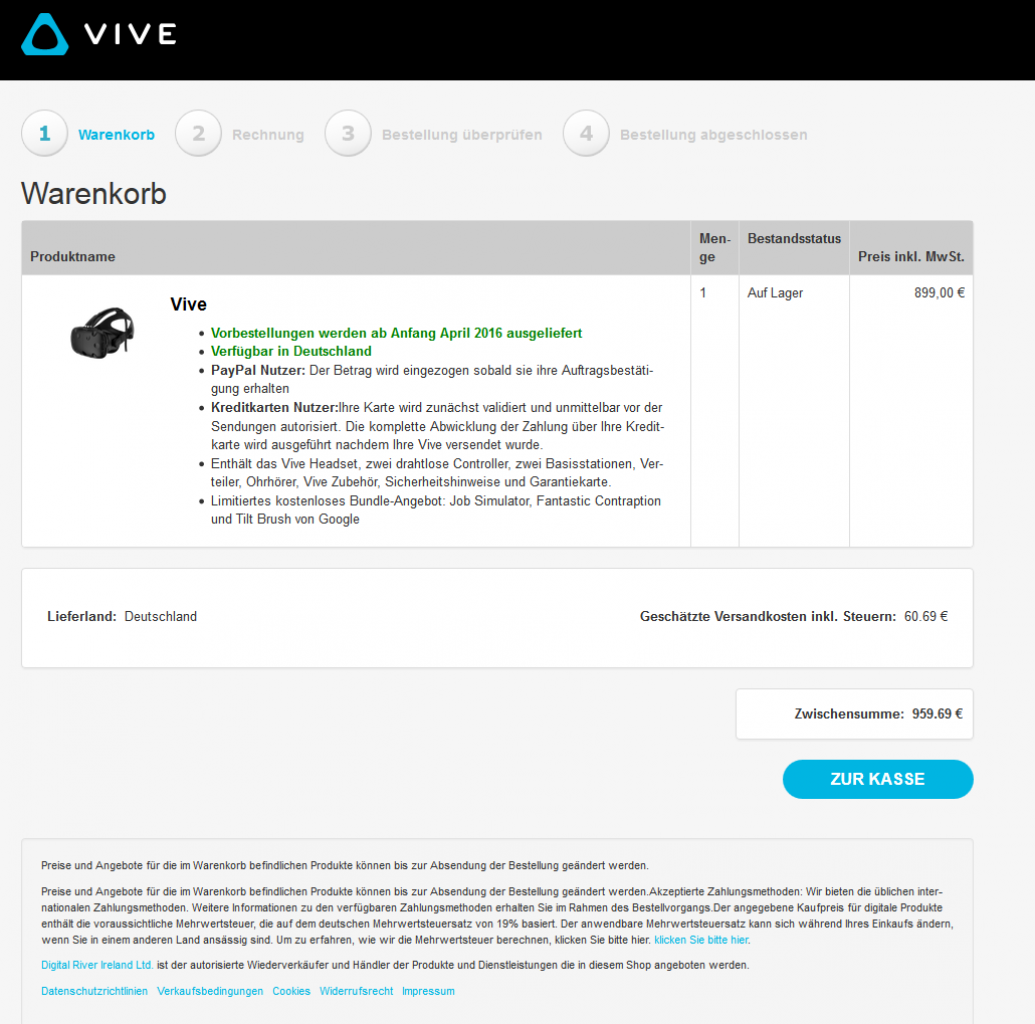 [29/02/2016] HTC Vive: So sieht das Bestellformular in Deutschland aus