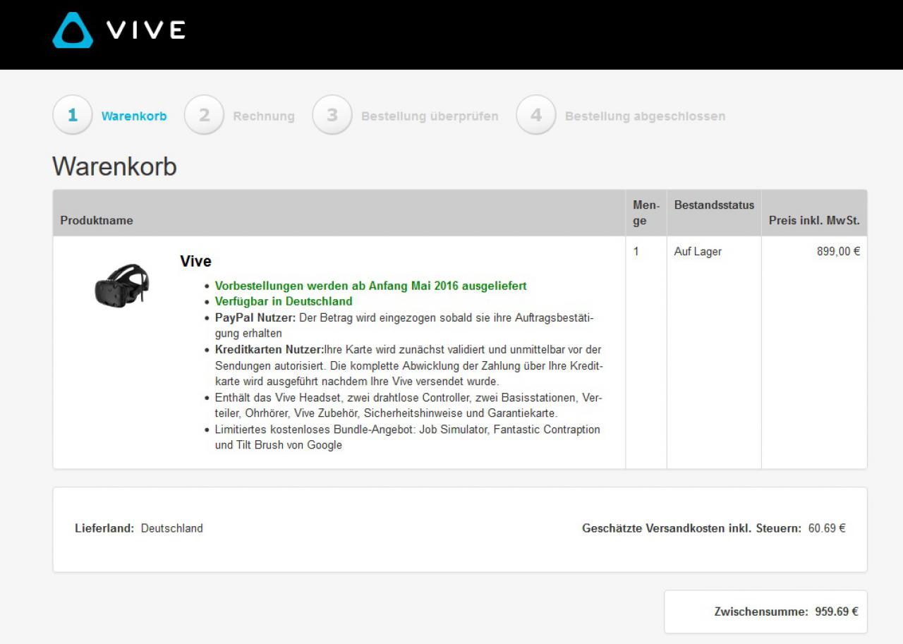 [01/03/2016] Inzwischen wird das HTC Vive bei neuen Bestellungen erst im Mai 2016 ausgeliefert.