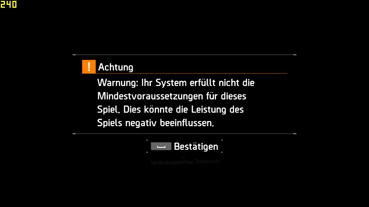 [09/03/2016] The Division: Wer einen Dualcore-Prozessor mit höchstens 4 Threads verwendet, bekommt von The Division diese Warnung entgegengeschmettert - zu Recht, vier physische Kerne zahlen sich im Eifer der Gefechte aus.
