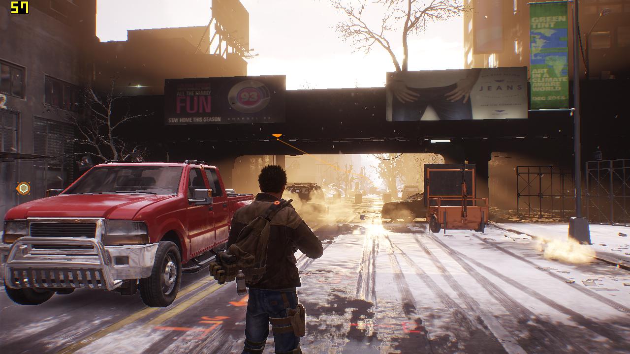 [09/03/2016] Achtung, Gamestopper! Überrascht stellten wir fest, dass The Division in der Finalversion mit einem reinen 2-Kern-/Thread-Prozessor startet. Nach der fast fünfminütigen Ladezeit liefen wir jedoch reproduzierbar an eine unsichtbare Wand (im Bild)! Anscheinend bleiben Threads des Streamings stecken, die Welt wird nicht ordnungsgemäß geladen.
