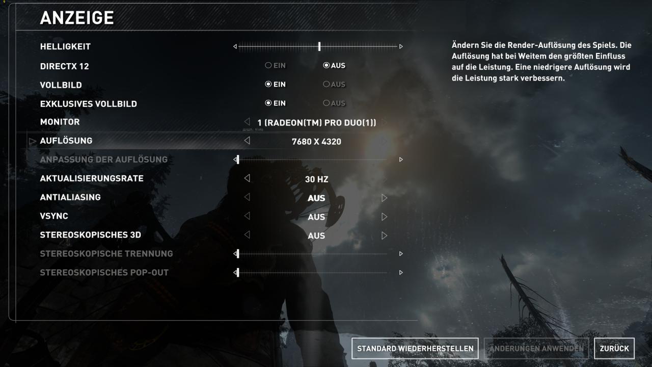[29/04/2016] ... und es funktioniert tatsächlich sowohl auf dem Windows-Desktop als auch in Spielen (im Bild: Rise of the Tomb Raider, das 2 × 4 GiByte Grafikspeicher zuverlässig zum Bersten bringt).