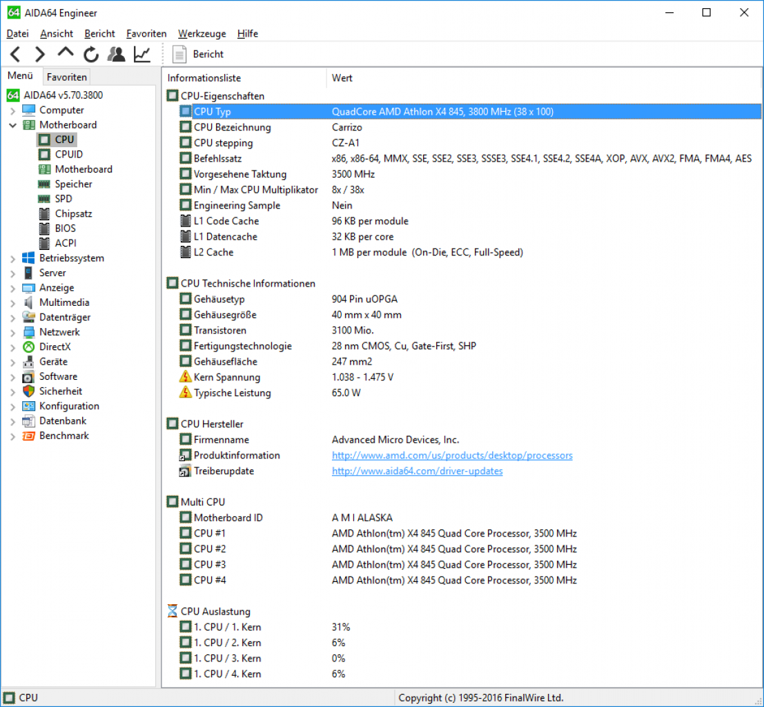 [07/04/2016] AMD Athlon X4 845 Excavator AIDA64 CPU