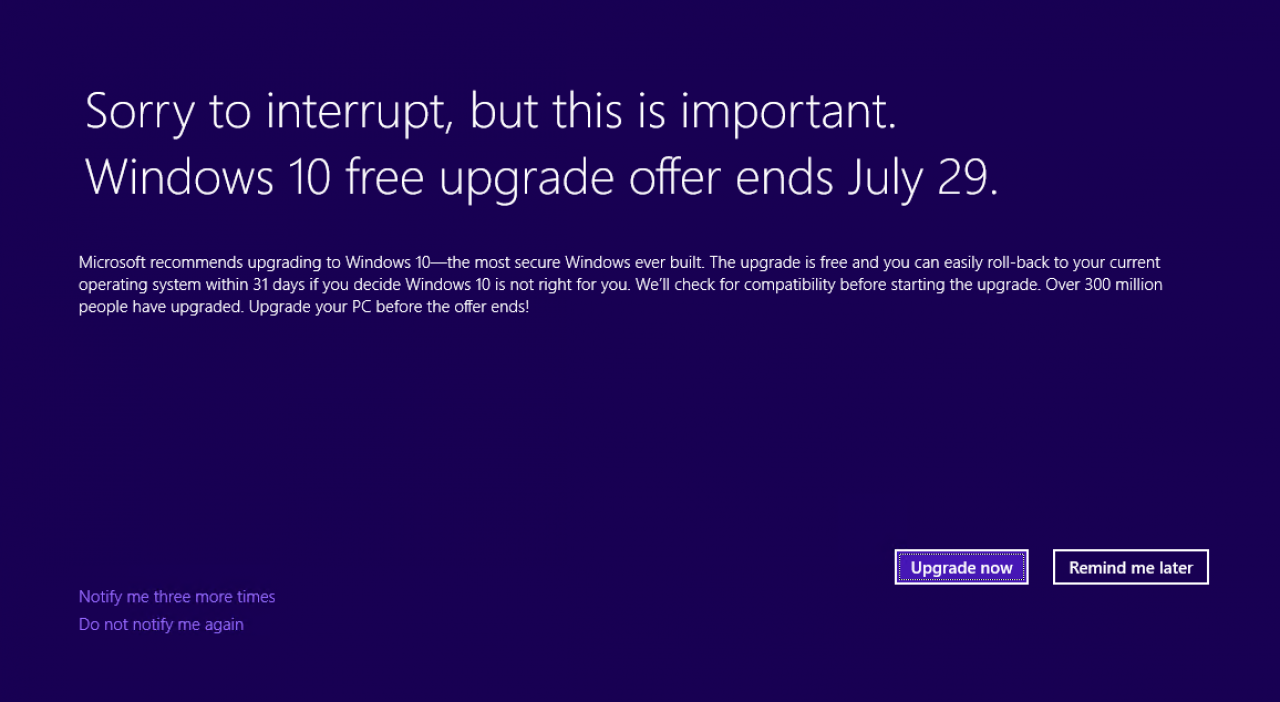 [02/07/2016] Windows 10-Upgrade Vollbild Benachrichtigung
