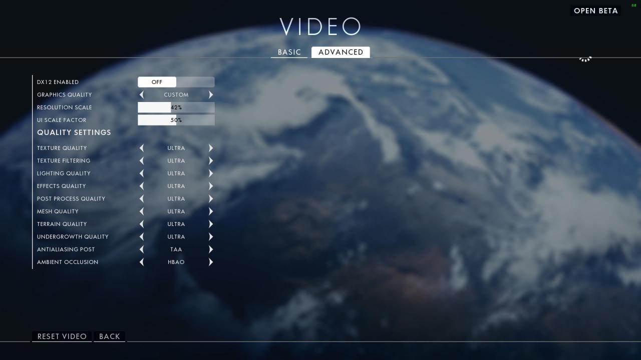 Das Grafikmenü in der Battlefield 1 Beta: Advanced