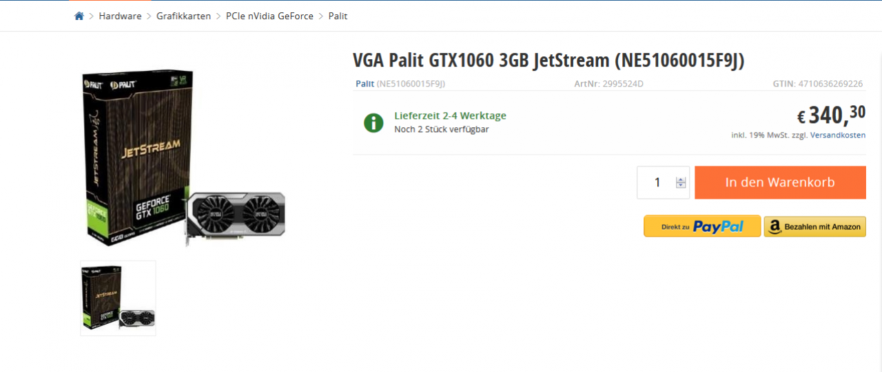 [12/08/2016] Geforce GTX 1060 3GB bei deutschem Händler auf Lager
