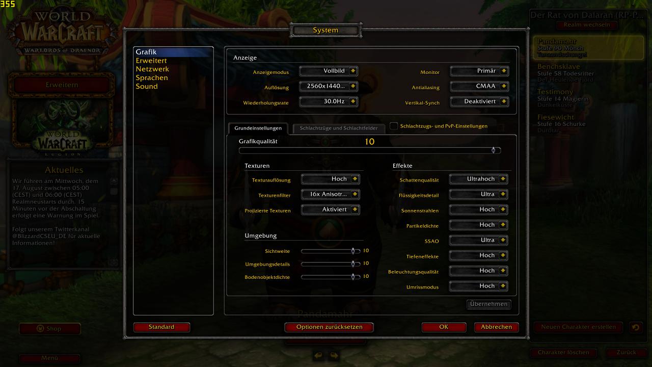 WoW Legion: Das aktuelle Grafikmenü bietet nun Presets der Qualitätsstufen 1 bis 10